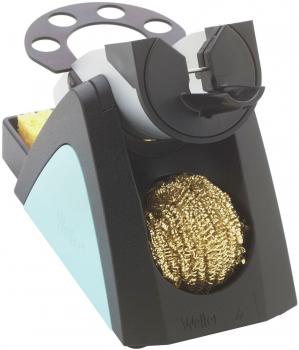 The image depicts a practical cleaning device with an upright housing, a round opening at the top, and a golden-colored metallic disc on the front.