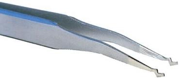 The image shows a metallic tweezer with two pointed, curved ends. It has a silver surface and is used for gripping small objects or hairs.