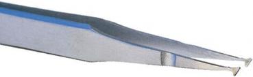 The image shows a pointed tweezer made of shiny metal. The tips are narrow and slightly open, ideal for grasping small objects. The handle has a smooth surface.