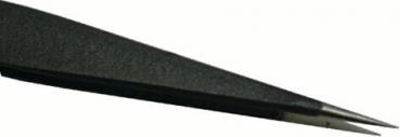 The image displays a black tweezer with a smooth, narrow tip. It is elongated and tapers towards the front. The surface appears to be slightly rough.