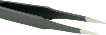 The image shows a black tweezer with pointed, narrow tips. It has a flat, elongated shape and is commonly used for grasping small objects.