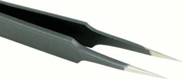 The image shows a black tweezer with pointed, shiny ends. It has a narrow, elongated shape and a precise opening for gripping small objects.