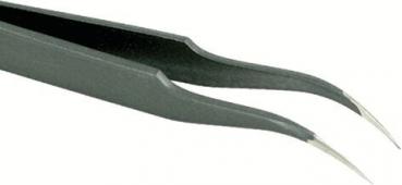 The image shows a black tweezer with narrow, pointed tips. The handles are slim and slightly curved, well-suited for precise gripping.