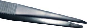 The image shows a black, pointed tweezer. It has non-slip grooves on the top side and a narrow, pointed tip, ideal for grasping small objects.