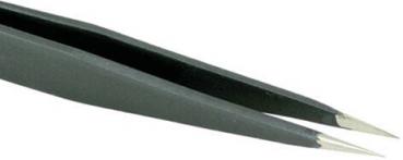 The image shows a narrow, black tweezer with pointed ends. It is slightly curved and perfect for gripping small objects.