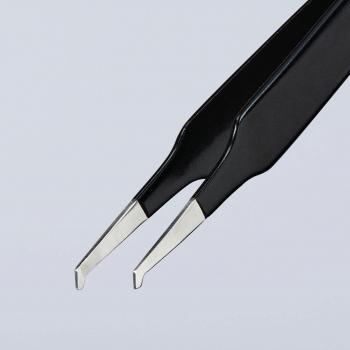 The image shows a black painted metal tweezer. The tips are narrow and flat, ideal for precise gripping. The background is bright and solid-colored.