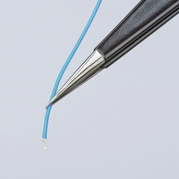 The image shows a fine, blue wire line being held by a sharp pair of pliers. The wire is slightly bent and visible at its end. The background is bright and solid-colored.