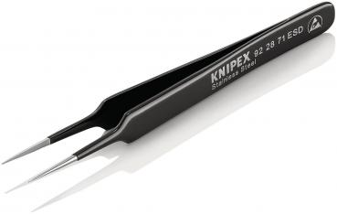 The image shows a slim, black tweezer made of stainless steel with pointed tips. It has a smooth surface and the brand name "KNIPEX" is embossed on one side.
