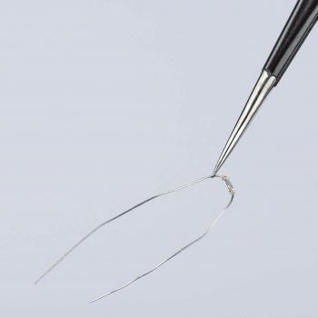 The image shows a fine, curved needle held by tweezers. The needle has a small opening at one end and is placed against a light background.