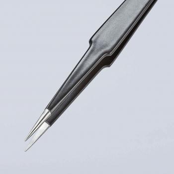 The image shows a pointed, black tweezer. It has narrow, sharp ends and a slim, straight shape that is well-suited for grasping small objects.