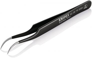 The image shows a black stainless steel tweezer with slightly curved tips. It has a smooth surface and the brand "KNIPEX" is engraved on it.