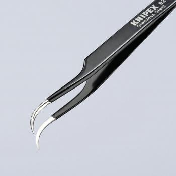 The image shows a sharp, metallic tweezer with two curved tips. It is painted black and has the inscription “KNIPEX” on one side.