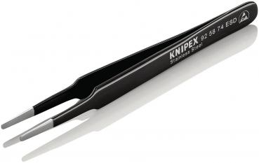 The image displays a black stainless steel tweezer with two pointed tips. On the side, the brand name "KNIPEX" and a model number are visible. The surfaces are smooth and shiny.