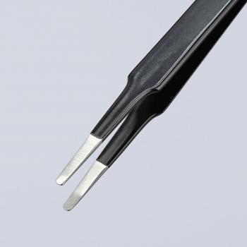 The image shows a black tweezer with flat, metallic tips. The tips are narrow and slightly curved, ideal for grasping small objects. The background is light and neutral.
