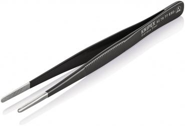 The image shows a black tweezer with two pointed ends. It is slim and has a ridged surface for better grip. The brand "Knipex" is embossed on the side.
