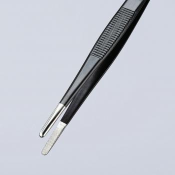 The image shows a pair of tongs or tweezers with two different tips: one flat, intended for gripping, and one serrated for better hold. The handle is ridged.