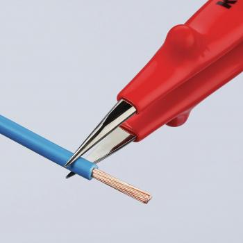 In the image, there is a red pair of pliers gripping a blue wire. The wire is partially stripped, and copper wires are visible underneath.