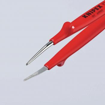 The image shows a red precision pliers with two different, narrow tips. The plier tips are metallically shiny, and the handles are designed to be grippy.