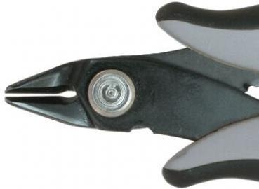 Das Bild zeigt eine grau-schwarze Zange mit einer spitzen, schmalen Klinge. Der Griff ist ergonomisch geformt, und die Zange hat ein kreisrundes Gelenk in der Mitte.