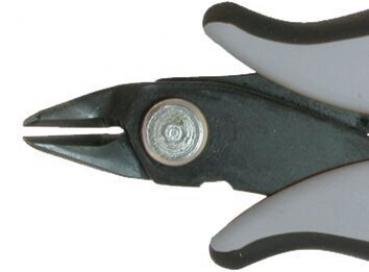 The image shows the tip of a pair of pliers with two curved handles. The tip of the pliers is pointed and slightly open, with a round screw in the middle. The colors are primarily black and gray.