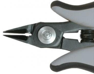 The image shows a pair of pliers with narrow, pointed jaws. It has gray rubber grips and a small silver screw closure in the middle that connects the joints.