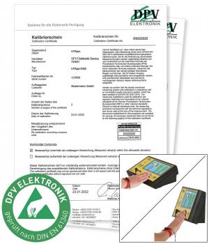 The image shows a calibration certificate from DPV Electronics, surrounded by two documents. Below is a device with a touchscreen and controls used for calibration.