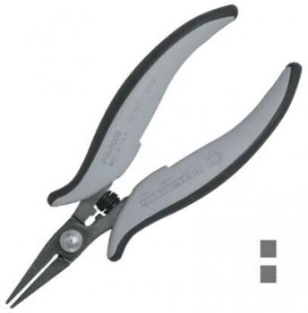 The image shows a high-quality pair of pliers with gray rubber grips that are comfortable to hold. The tips are narrow and suitable for precise work.