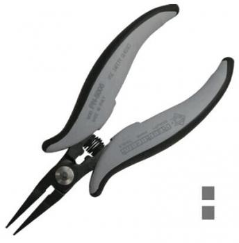 The image shows a pair of pliers with long, narrow jaws and ergonomic, gray-black handles. It is versatile, ideal for precise tasks. The pliers feature a spring mechanism.