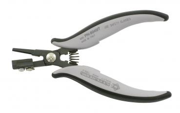 The image shows a pair of pliers with gray rubber grips and a spring-loaded opening. The tips are narrow and curved inward, suitable for grasping and shaping small parts.