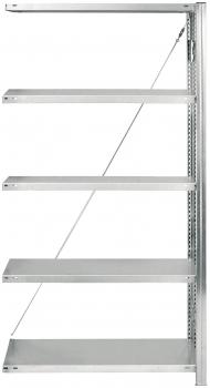 The image shows a simple, open shelf with four horizontal shelves. It has a silver metal structure and is secured on one side by a diagonal brace.