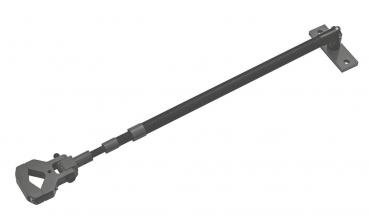 The image displays a long, narrow bar with a U-shaped shard at the end. The bar is made of metal and is gray in color. It is used for securing doors or windows.