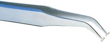 The image shows a straight tweezer made of silver metal with two narrow, curved tips that come together. It is well suited for gripping small objects.