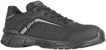 The shoe is a sporty, black sneaker with a textured surface. It has a flat, non-slip sole and gray details on the upper as well as laces.