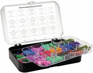Das Bild zeigt eine Kunststoffbox mit verschiedenen Dosiernadeln in verschiedenen Farben (grün, rot, orange, lila, blau) und Größen, unterteilt in Fächer. Der Deckel ist transparent.