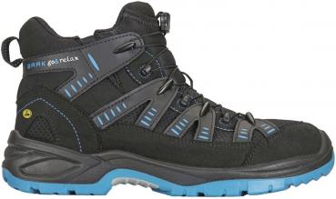 Der Bild zeigt einen schwarzen Wanderschuh mit blauen Akzenten. Er hat eine hohe Form, strapazierfähiges Obermaterial, eine profilierte Sohle und spezielle Schnürsysteme für besseren Halt.