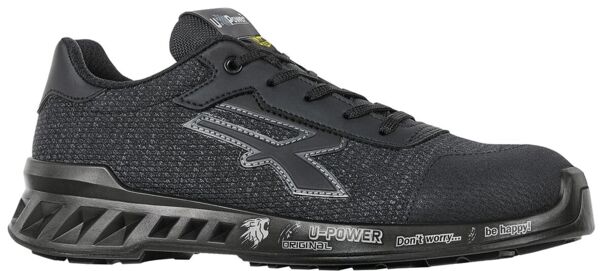 The shoe is black with a sturdy, rubberized sole. It features a sporty design, a round toe, and a lacing system with a convenient twist lock in the center.