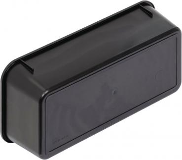 Das Bild zeigt eine längliche, schwarze Kunststoffbox mit abgerundeten Ecken. Die Oberfläche ist glatt und unifarben. Es gibt keine erkennbaren Griffe oder spezielle Muster.