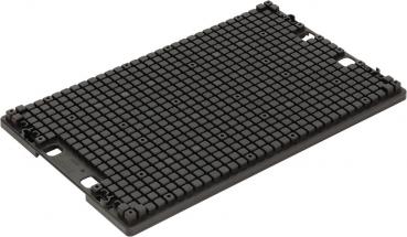 Das Bild zeigt eine rechteckige, schwarze Platte mit vielen kleinen, gleichmäßigen Erhebungen. Die Oberfläche ist strukturiert und hat an den Ecken zwei Aussparungen.