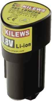 The image displays a black battery with a round top and yellow labeling. The label includes details about the voltage (10.8V) and Li-ion technology. The battery has a conical shape.