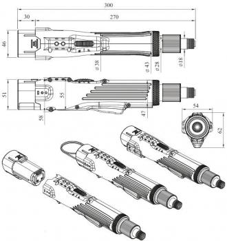 The image displays a technical drawing of a tool. It includes various views, including side, top, and bottom views, as well as dimensions in millimeters. The body has a textured surface with buttons.
