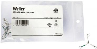 The image shows a transparent plastic bag with a white label that reads "Weller SENSOR WCU (10 PCS)." Inside are several small, silver sensors with green accents.