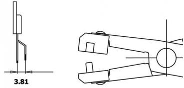 The image displays technical drawings of a mechanical part. On the left is a side view, and on the right is a top view with dimensions and two movable parts that interact.