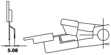 Das Bild zeigt eine technische Zeichnung. Links ist eine seitliche Ansicht eines Objekts mit einem kleinen Stift. Rechts sieht man eine Draufsicht auf ein flaches Element, das schräg liegt.
