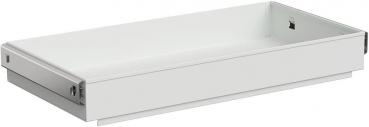 The image displays a flat, rectangular drawer in a clean, white design. It has a smooth bottom and low sides. The drawer appears to be made of metal or durable plastic.
