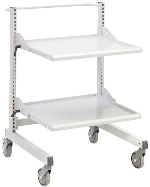 This is a mobile shelf with two flat shelves. The shelves are flat and white, the frame is made of metal and has wheels for easy movement.