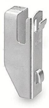 The image shows a silver clip or holder made of metal. It has a flat, rectangular shape with a notch and a small tab. It appears sturdy and functional.