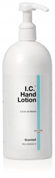 The image shows a bottle of hand lotion. The bottle is tall and cylindrical, made of white plastic. It features a pump dispenser on top, and the label includes the text "I.C. Hand Lotion".