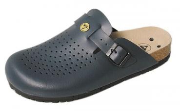 Der Schuh ist ein grauer Clog aus Kunststoff mit einer breiten, perforierten Oberfläche. Er hat einen stabilen Absatz, eine schwarze Gummisohle und einen verstellbaren Riemen.