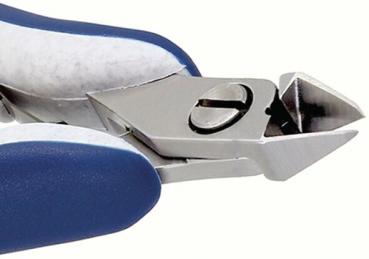 The image shows a nail clipper with a metallic head and blue, rubberized handles. The blades are sharp and pointed, suitable for cutting nails.