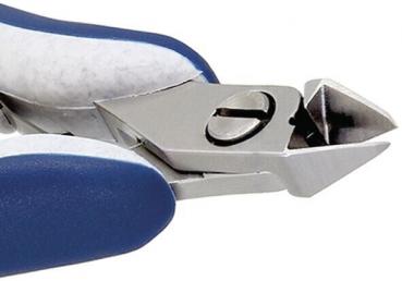 The image shows a metallic pair of pliers with blue handles. The front part has a sharp edge for cutting. It is sturdy and suitable for precise work.